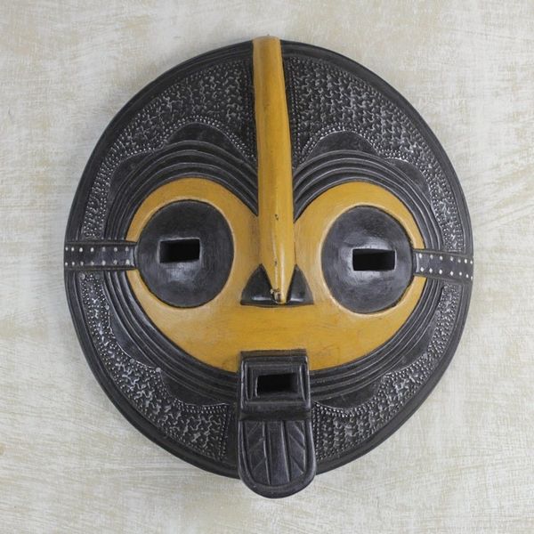 Alternate image for Yellow and Black African Hand Carved Wood Mask Continuation