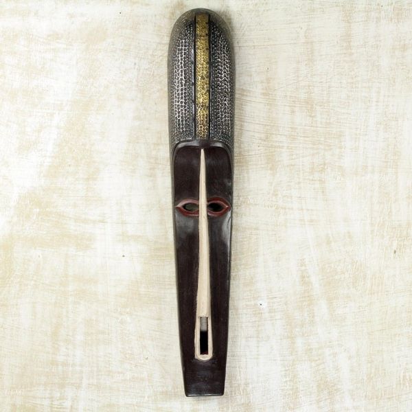 Alternate image for Dark Brown African Mask with Brass and Aluminum on Wood Enigmatic Gaze
