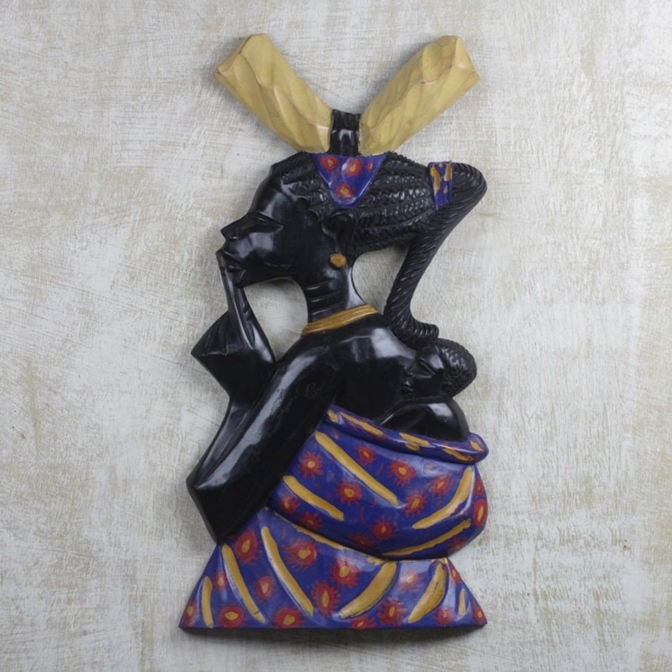Hand Carved Sese Wood African Woman Wall Art Sculpture 'Hush-a-bye'