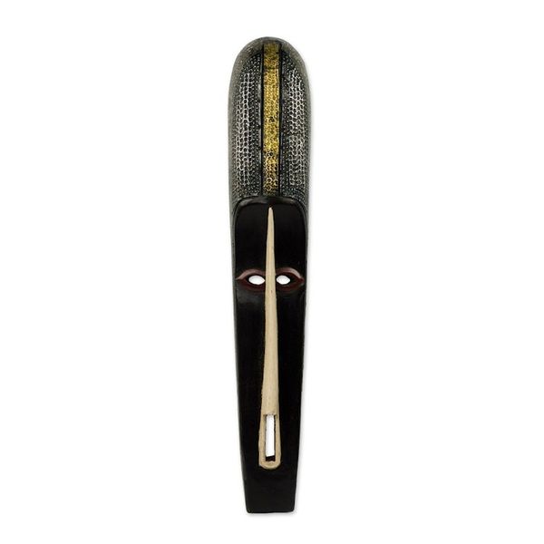 Alternate image for Dark Brown African Mask with Brass and Aluminum on Wood Enigmatic Gaze