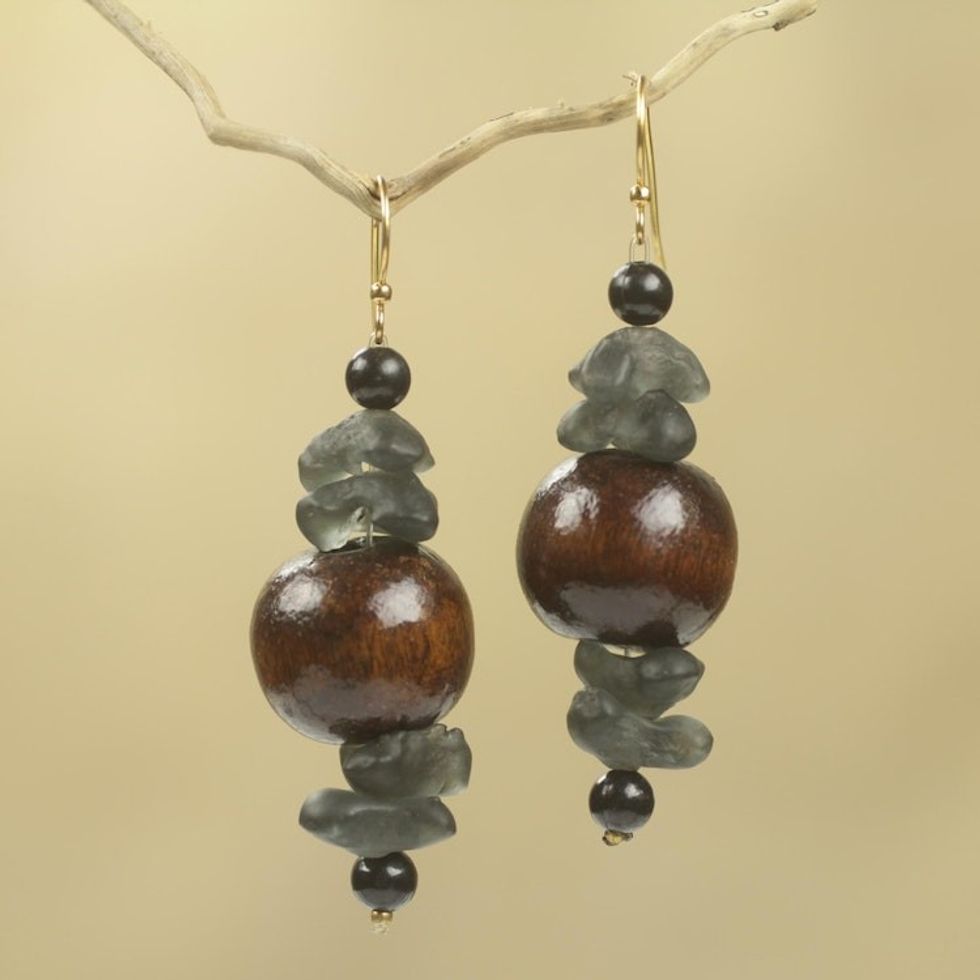 Recycled Beads and Wood Dangle Earrings 'Dzidudu in Dark Brown'