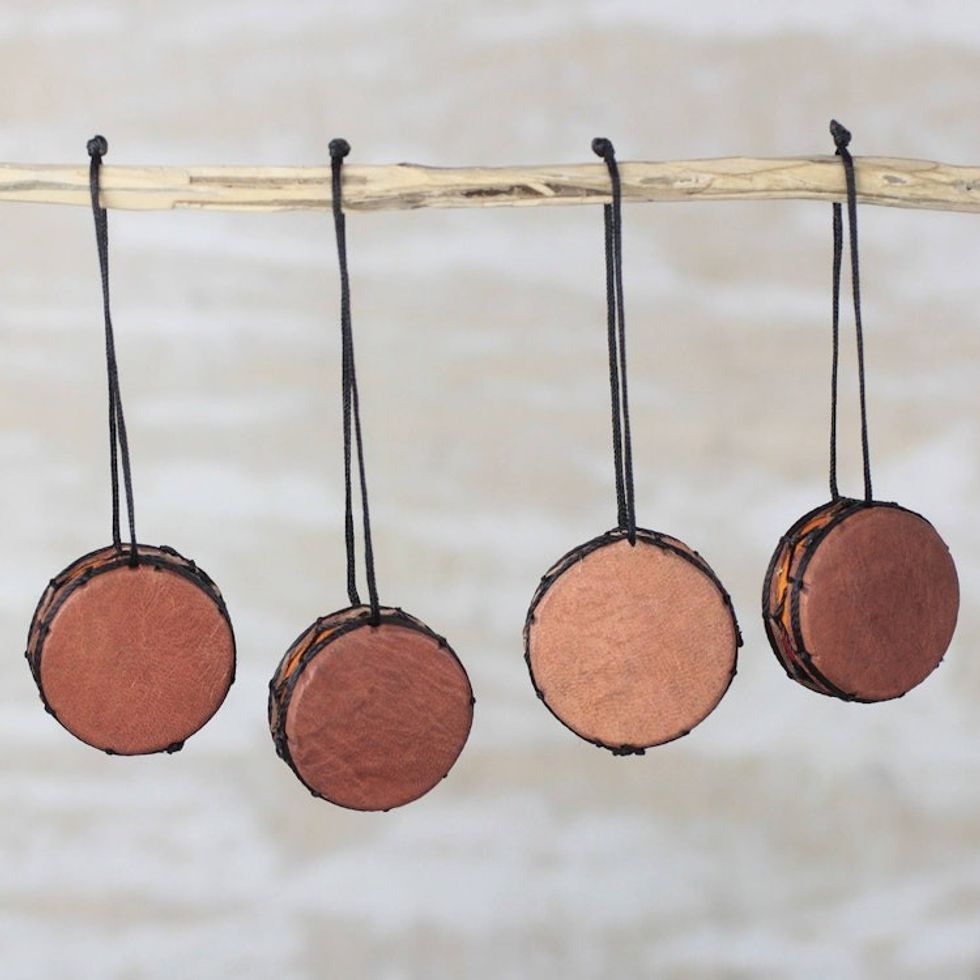 Handcrafted Leather and Wood Bass Drum Ornaments Set of 4 'Bass Drum'