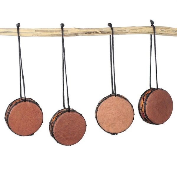 Alternate image for Handcrafted Leather and Wood Bass Drum Ornaments Set of 4 Bass Drum
