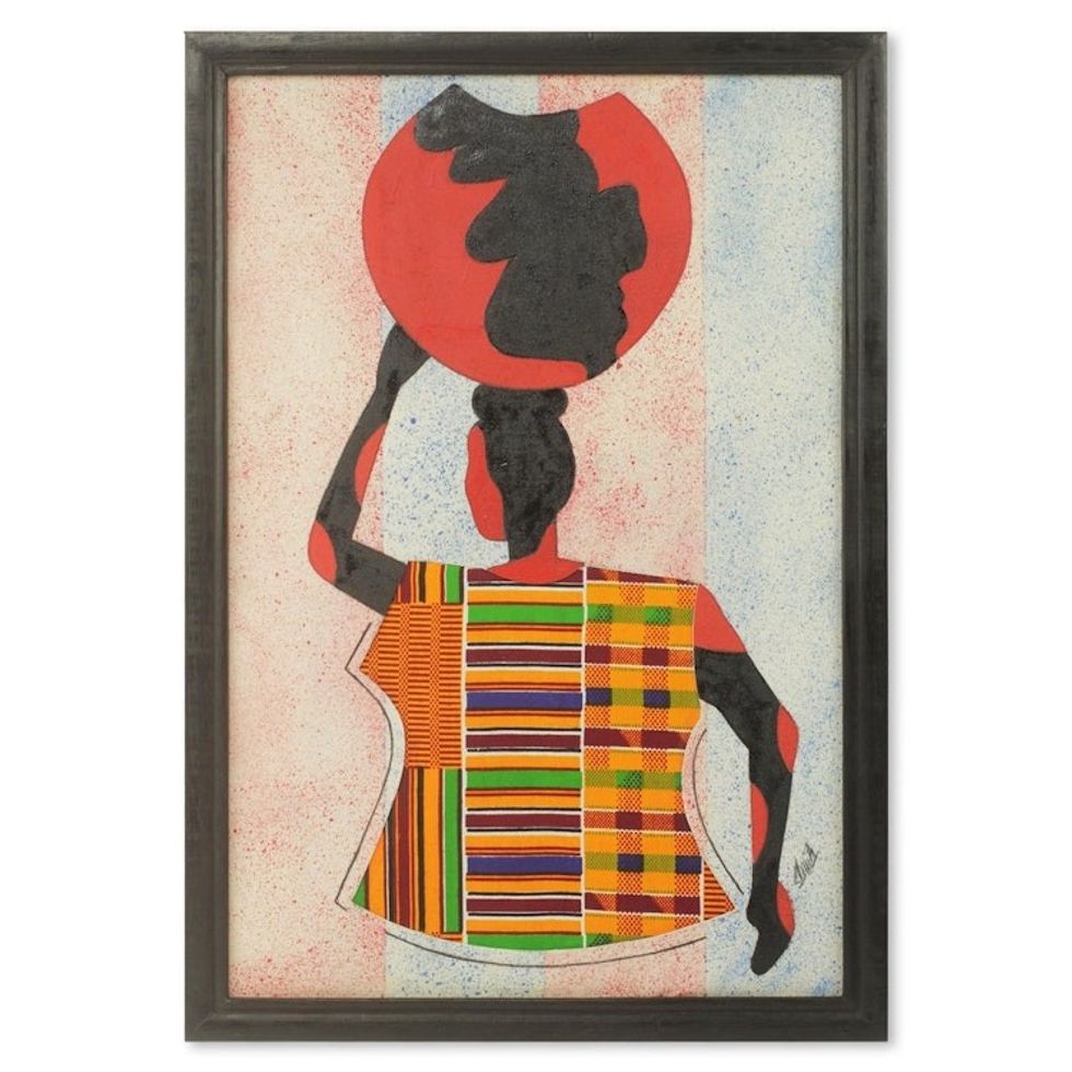 African Kente Cloth Collage Framed Oil Painting 'Water Carrier'