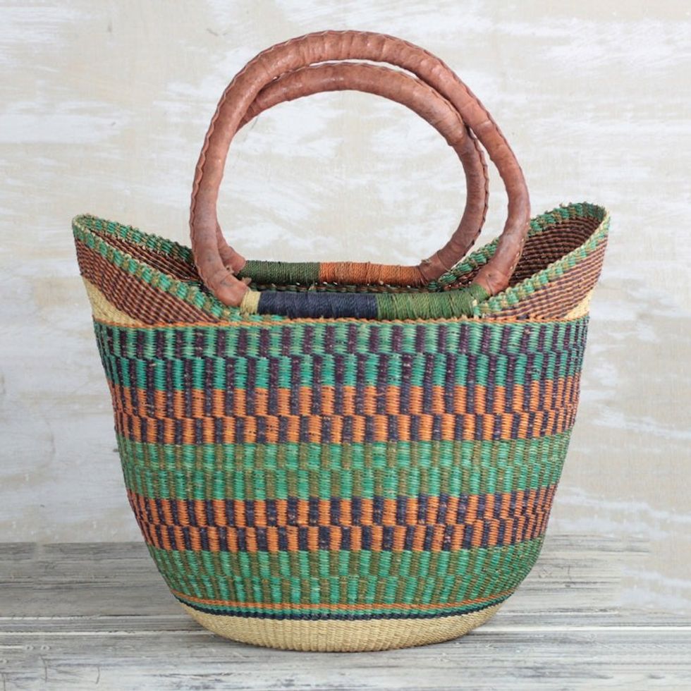 Hand Woven Raffia Natural Fiber Tote with Leather Strap 'Bolga Basket'