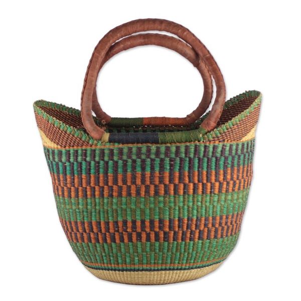 Alternate image for Hand Woven Raffia Natural Fiber Tote with Leather Strap Bolga Basket
