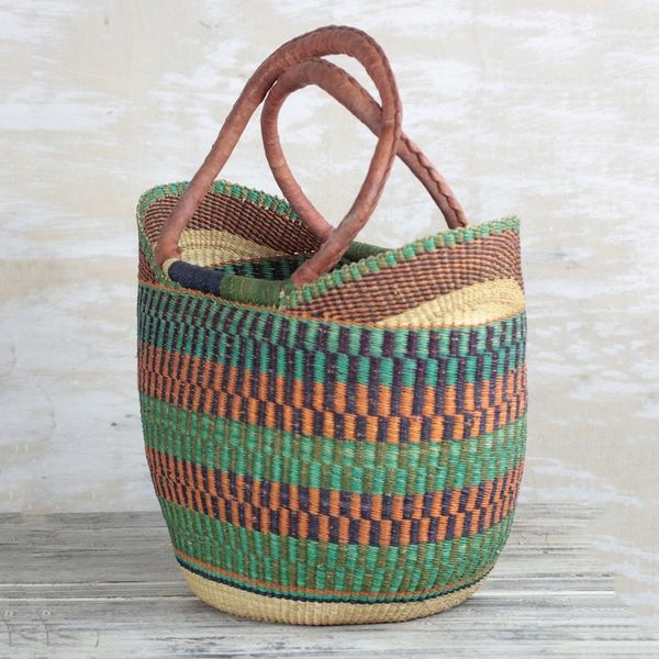 Alternate image for Hand Woven Raffia Natural Fiber Tote with Leather Strap Bolga Basket
