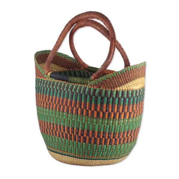 Alternate image for Hand Woven Raffia Natural Fiber Tote with Leather Strap Bolga Basket