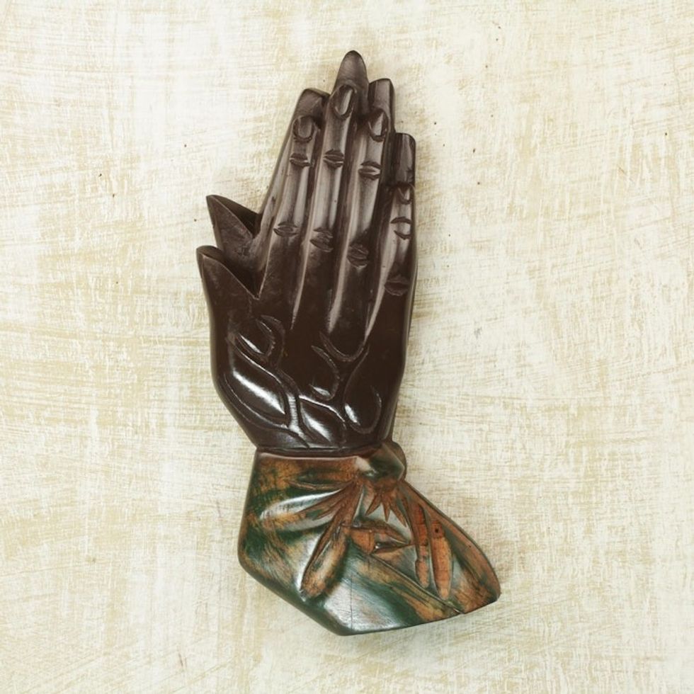 Handcrafted Sese Wood Wall Sculpture of Hands from Ghana 'Let Us Pray'