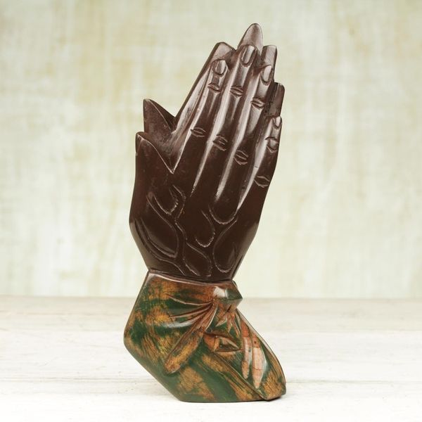 Alternate image for Handcrafted Sese Wood Wall Sculpture of Hands from Ghana Let Us Pray