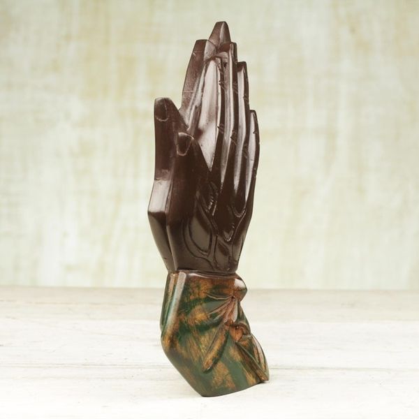 Alternate image for Handcrafted Sese Wood Wall Sculpture of Hands from Ghana Let Us Pray