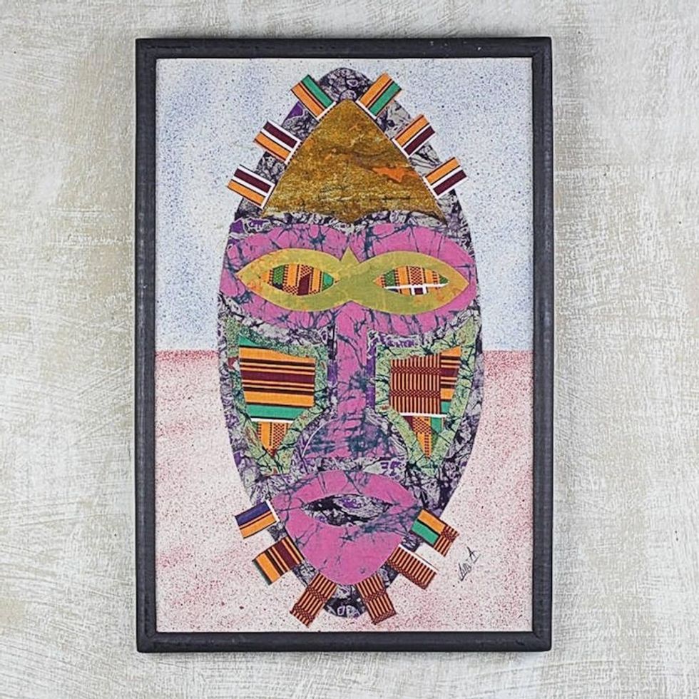 Handmade Oil on Cotton Batik African Mask Collage 'Reinvention'