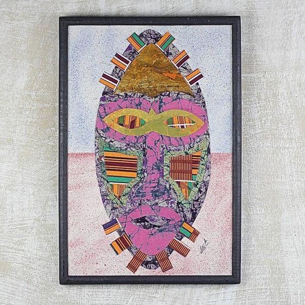 Alternate image for Handmade Oil on Cotton Batik African Mask Collage Reinvention