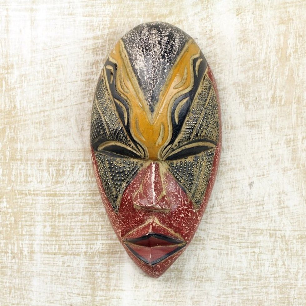 Colorful Sese Wood and Brass African Mask from Ghana 'Stunning Amahle'