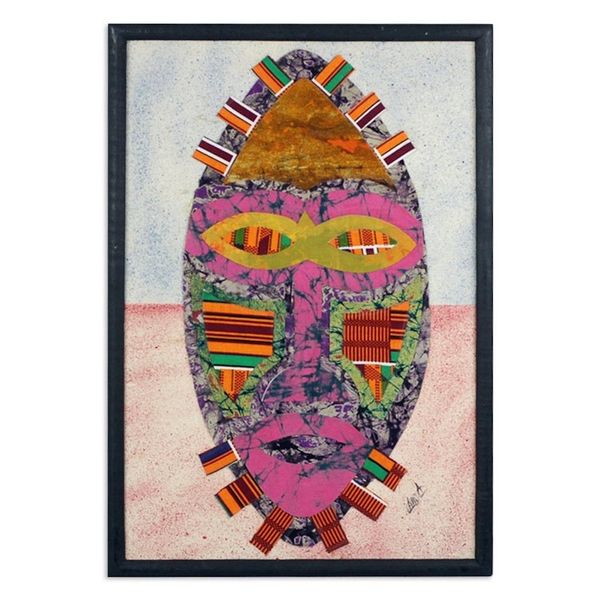 Alternate image for Handmade Oil on Cotton Batik African Mask Collage Reinvention