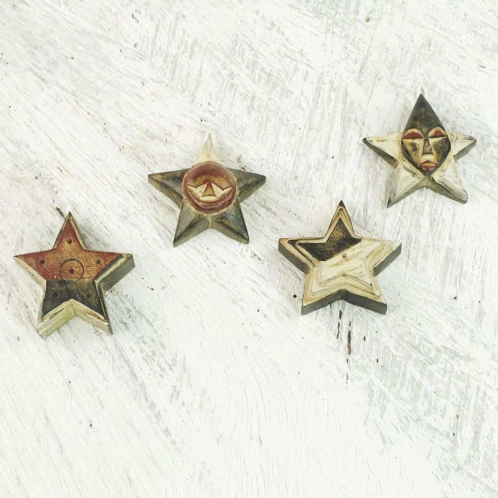 Four Sese Wood Star Ornaments in Black Red and White 'Nsruma Sophistication'