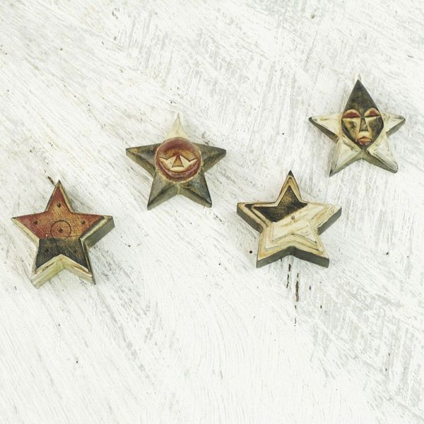 Alternate image for Four Sese Wood Star Ornaments in Black Red and White Nsruma Sophistication