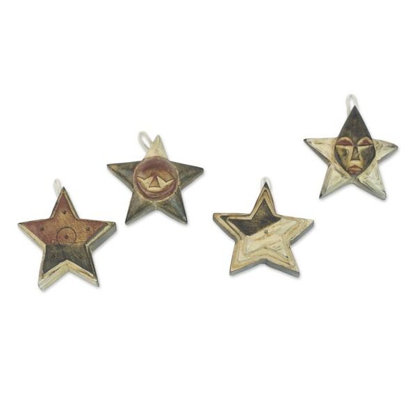 Alternate image for Four Sese Wood Star Ornaments in Black Red and White Nsruma Sophistication