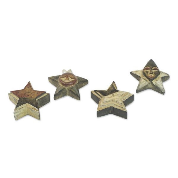 Alternate image for Four Sese Wood Star Ornaments in Black Red and White Nsruma Sophistication