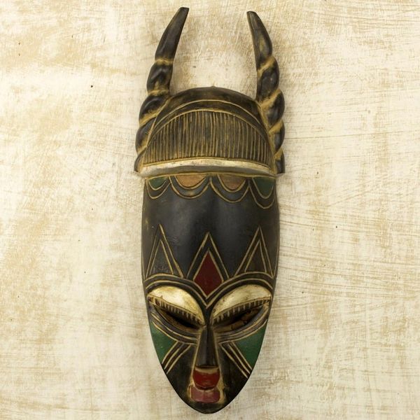 Alternate image for Ghanaian Hand Carved Horned Mask in Black and Gold Twisted Horn