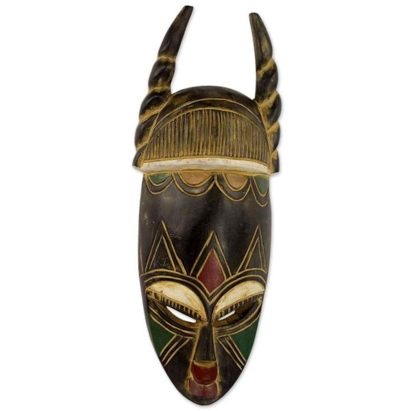 Alternate image for Ghanaian Hand Carved Horned Mask in Black and Gold Twisted Horn