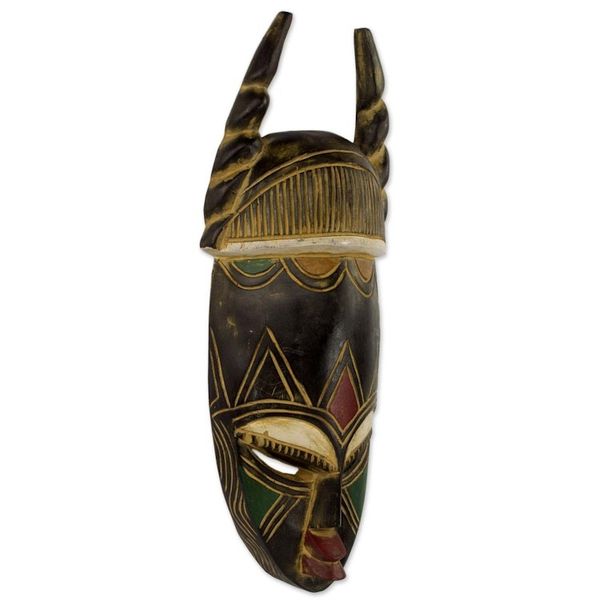 Alternate image for Ghanaian Hand Carved Horned Mask in Black and Gold Twisted Horn