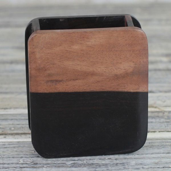 Alternate image for Hand Carved Ebony Wood Rounded Rectangle Pencil Holder Modern Nature
