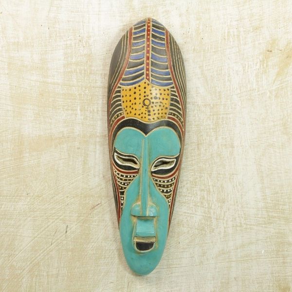 Alternate image for Hand Carved Rubberwood Blue Akoni Warrior Mask from Ghana Blue Akoni