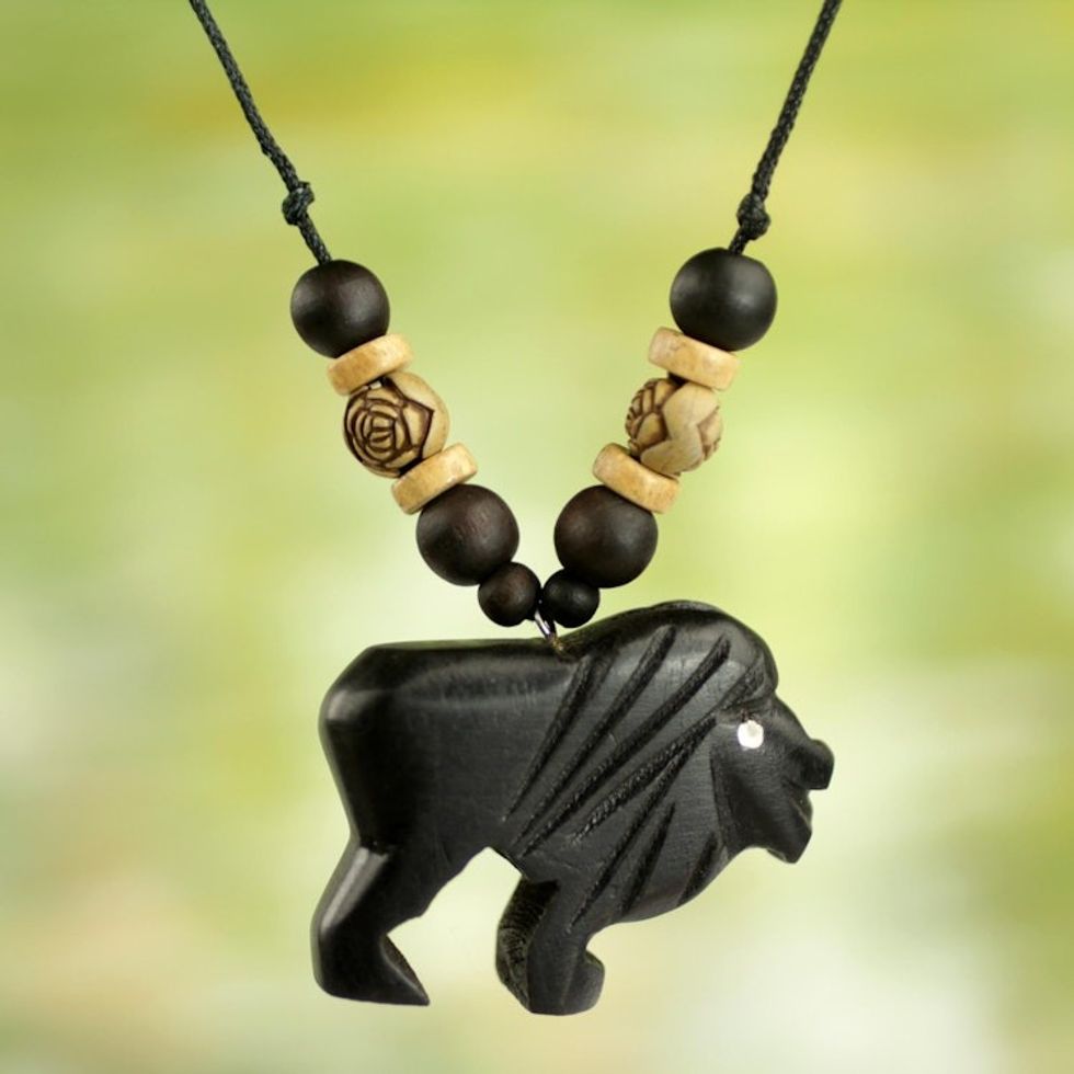 Artisan Crafted Mighty Lion Wood Pendant Necklace from Ghana 'Mighty Lion'