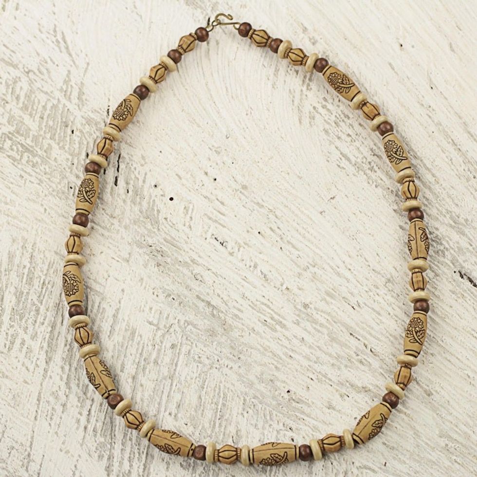 Hand Crafted Beaded Necklace with Floral Motif from Ghana 'Desert Mirage'
