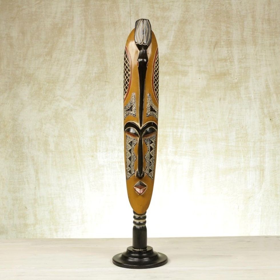 Handcrafted Cedar Wood African Mask on Stand from Ghana 'Beauty and Love'