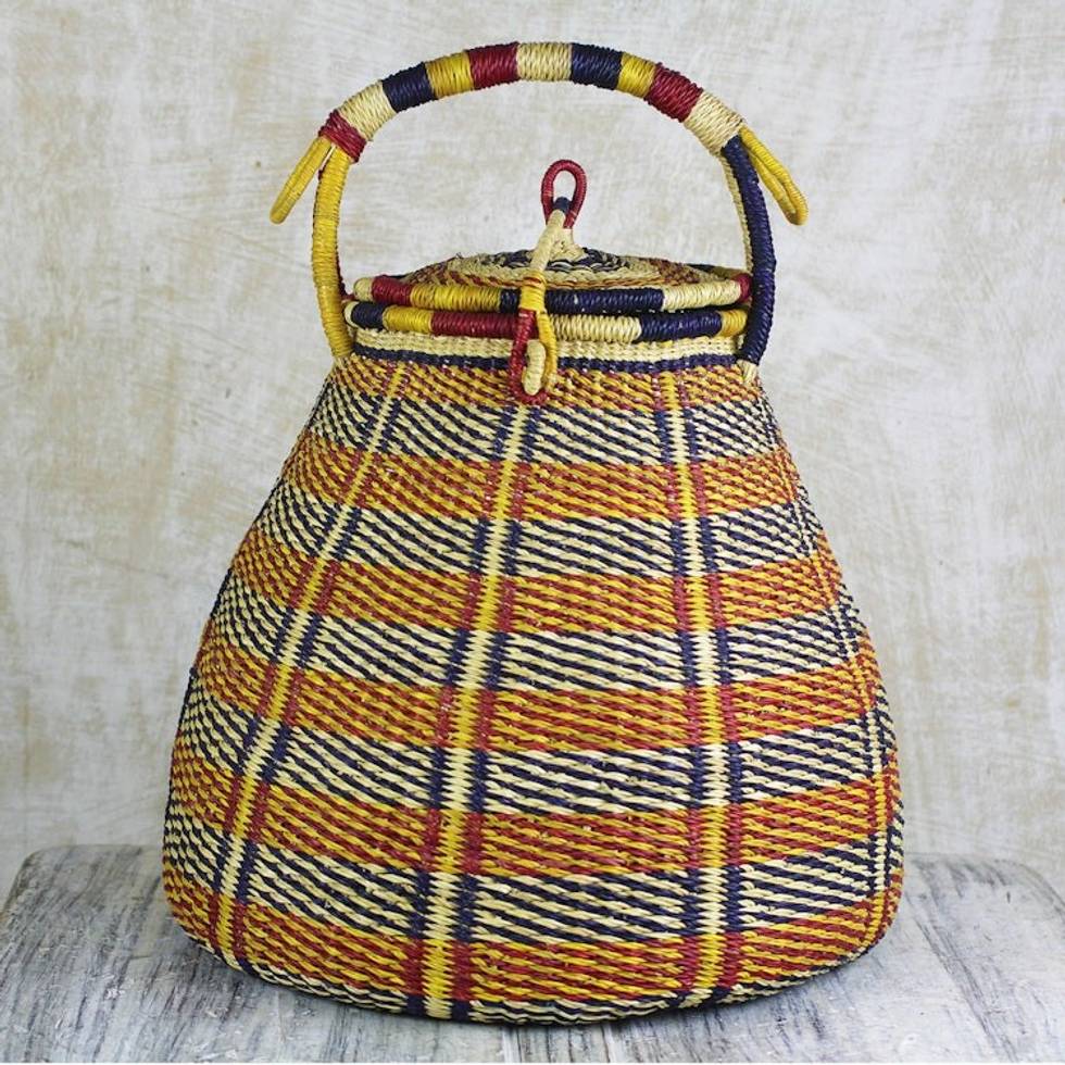 Colorful Handwoven West African Raffia Covered Basket 'Bounteous'