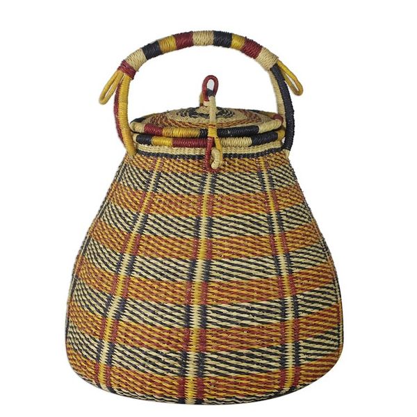 Alternate image for Colorful Handwoven West African Raffia Covered Basket Bounteous
