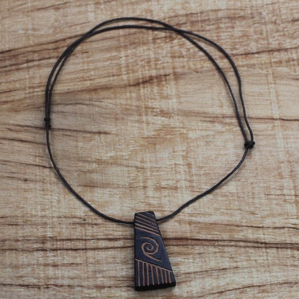 Long Sese Wood Pendant Necklace Hand Crafted in Ghana 'Spiral Galaxy'
