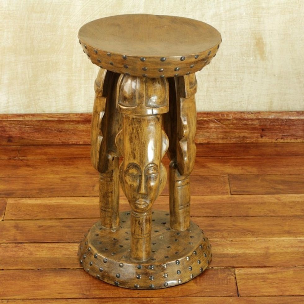 Hand Crafted Cedar Wood Faces Stool from Ghana 'United Family in Tan'