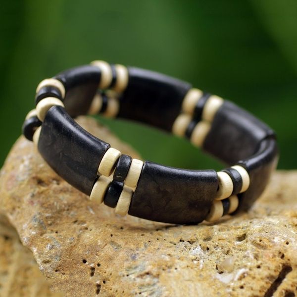 Alternate image for Black and Cream Eco Friendly Recycled Bead and Wood Bracelet Midnight Connection