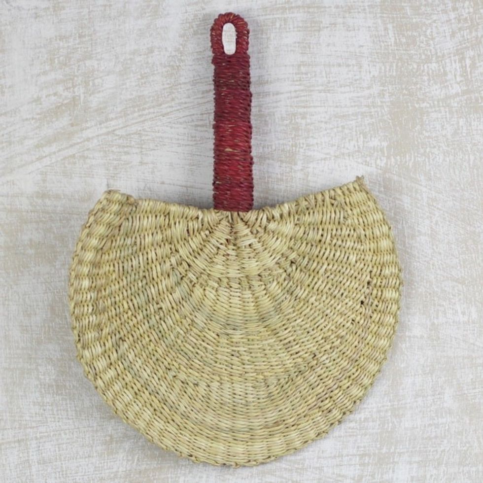Hand Woven Raffia Natural Fiber Fan with Handle from Ghana 'Cool Breeze'