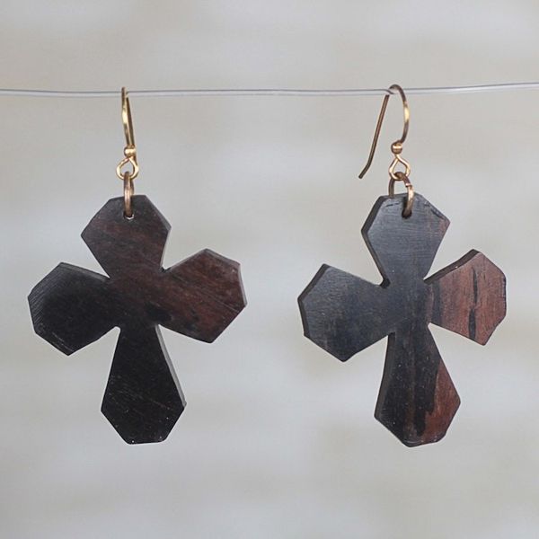 Alternate image for Ebony Wood Cross Dangle Earrings from Ghana Brown Crosses