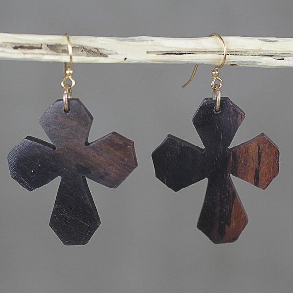 Alternate image for Ebony Wood Cross Dangle Earrings from Ghana Brown Crosses