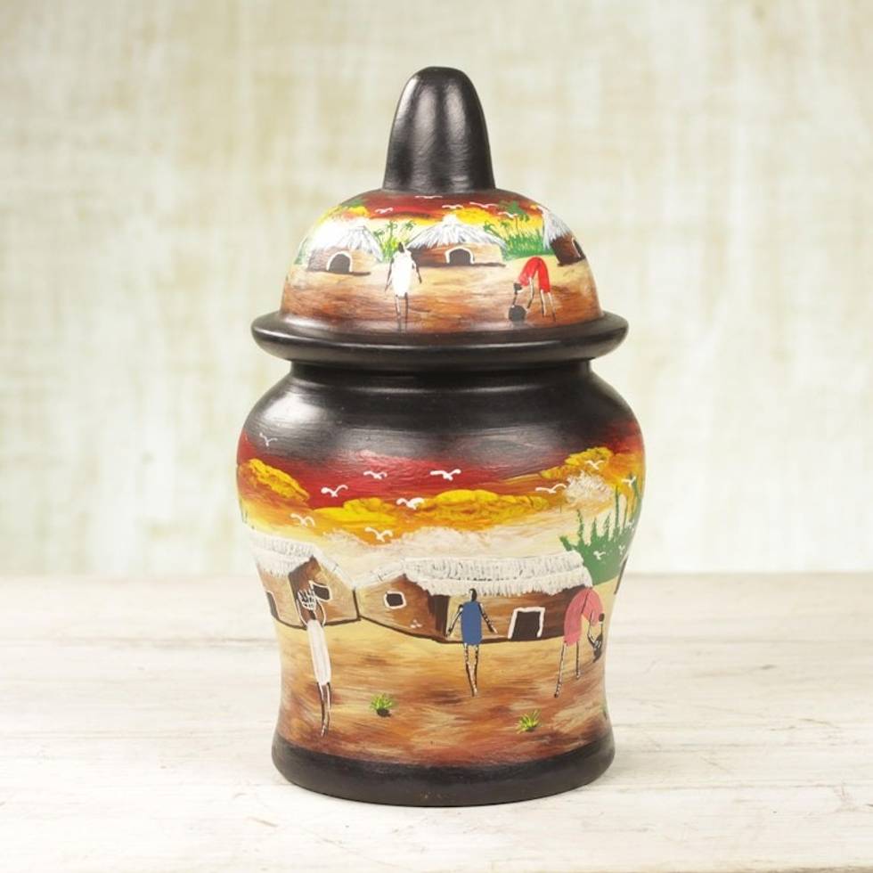 Hand-Painted Village Scene Wood Decorative Jar from Ghana 'Dear Village'