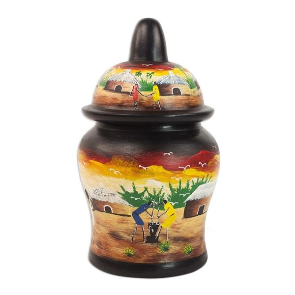 Alternate image for Hand-Painted Village Scene Wood Decorative Jar from Ghana Dear Village