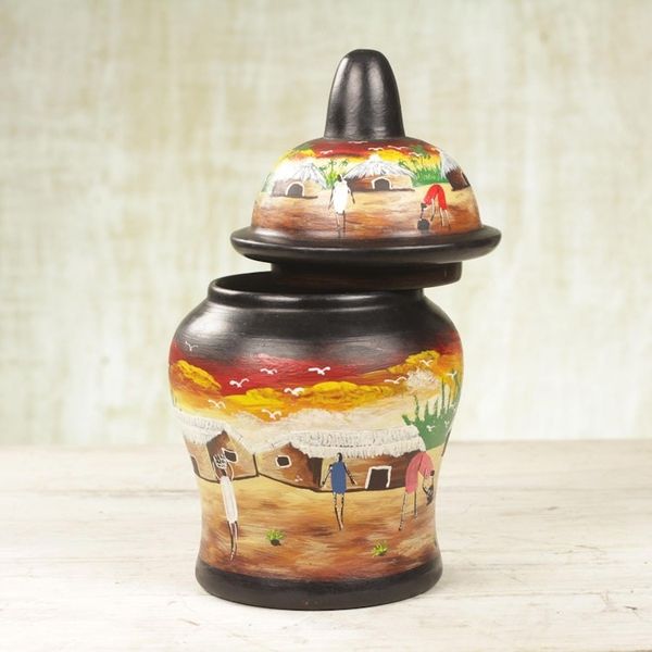 Alternate image for Hand-Painted Village Scene Wood Decorative Jar from Ghana Dear Village