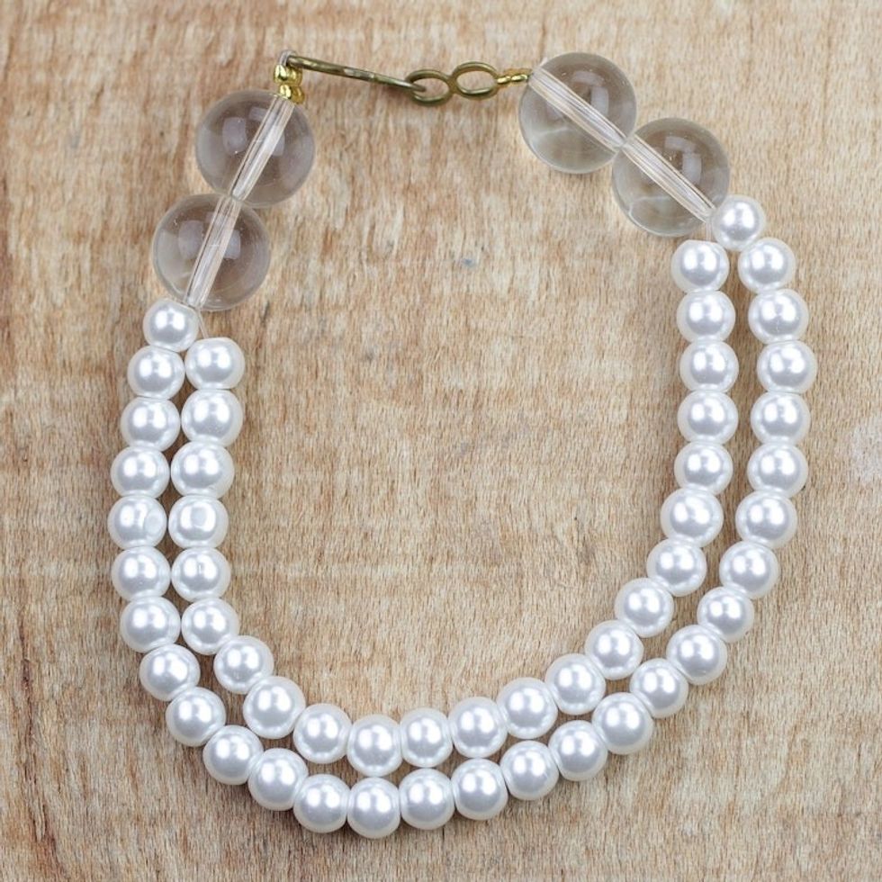 Love Glow White Recycled Glass Beaded Bracelet from Ghana 'Love Glow'