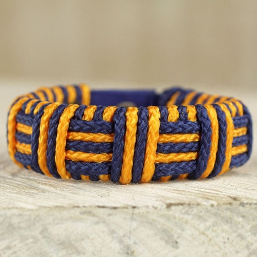 Blue and Gold Cord Striped Bracelet Handmade in Ghana 'Blue and Gold Kente Power'