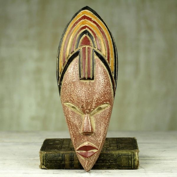 Alternate image for Hand Carved African Sese Wood Wall Mask from Ghana Joyfulness is a Crown