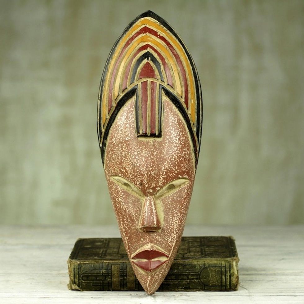Hand Carved African Sese Wood Wall Mask from Ghana 'Joyfulness is a Crown'
