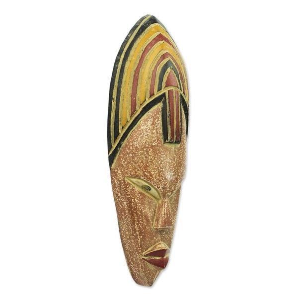 Alternate image for Hand Carved African Sese Wood Wall Mask from Ghana Joyfulness is a Crown