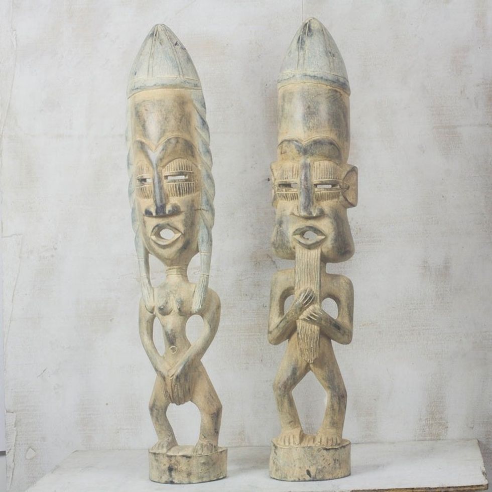 Pair of Male and Female Handmade Wood Statuettes from Ghana 'Awarefoo'