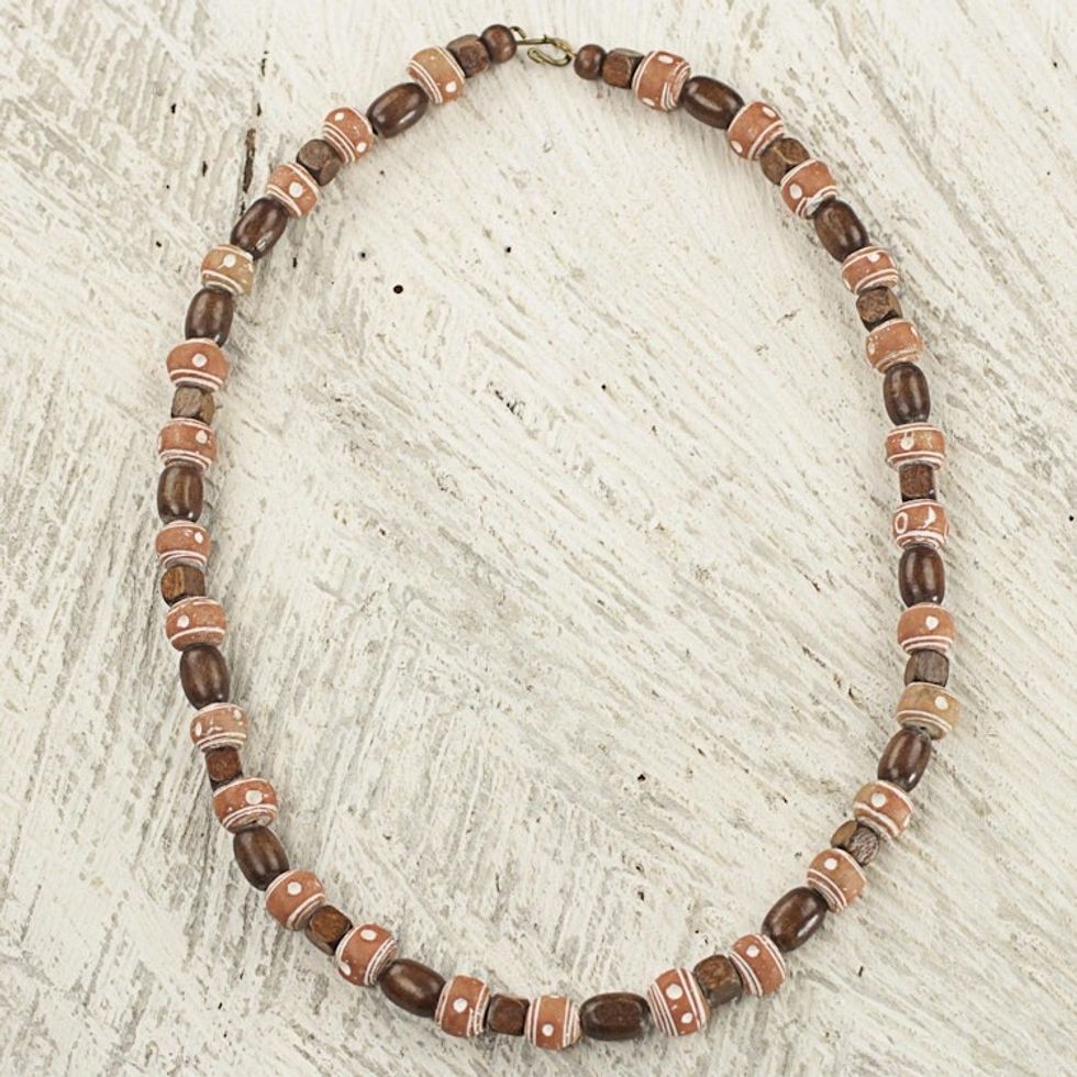 Artisan Crafted Ghanaian Wood and Terracotta Beaded Necklace 'Nkyia Nature'