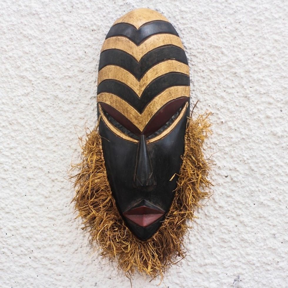 Hand Carved Wood and Raffia African Mask from Ghana 'Sweet Agbevivi'
